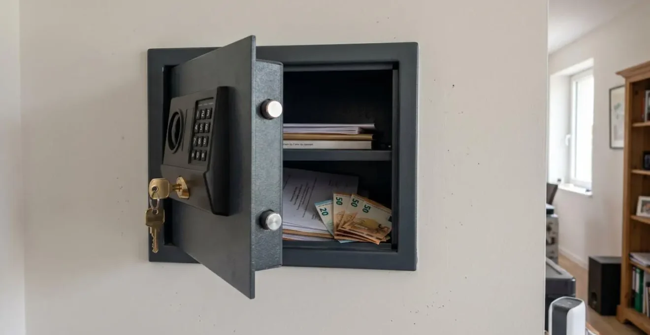 Un coffre-fort encastré dans un mur de chambre moderne, porte entrouverte laissant apercevoir des compartiments internes, éclairage naturel par fenêtre latérale