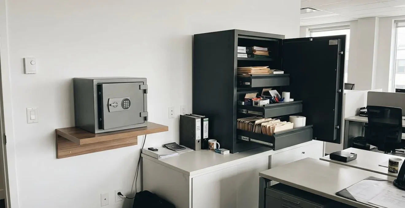 Vue comparative d'un coffre-fort encastré mural à gauche et d'une armoire forte modulaire ouverte à droite dans un environnement de bureau lumineux