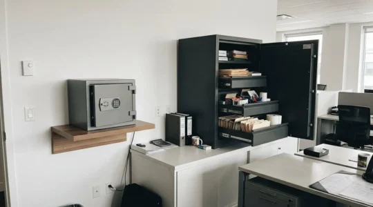 Vue comparative d'un coffre-fort encastré mural à gauche et d'une armoire forte modulaire ouverte à droite dans un environnement de bureau lumineux