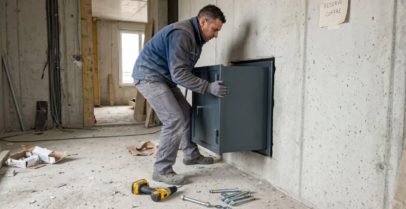 Un professionnel en tenue de travail installe un coffre-fort encastrable dans un mur en béton avec perceuse et chevilles visibles sur le sol