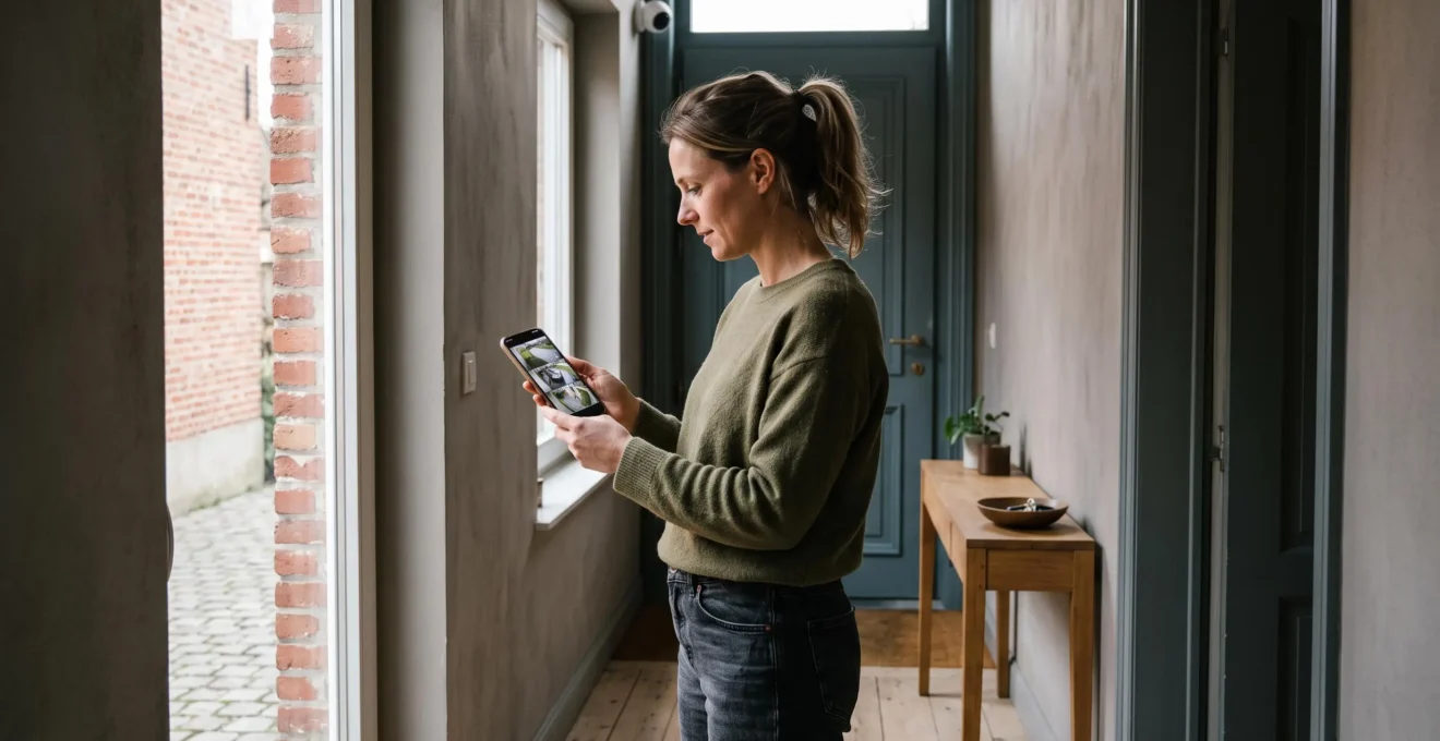 Une femme consulte les images de ses caméras de surveillance sur son smartphone dans l'entrée de sa maison.