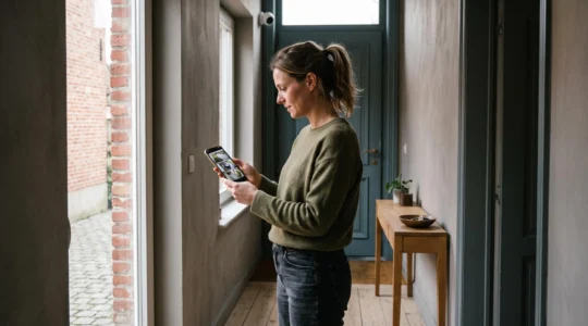Une femme consulte les images de ses caméras de surveillance sur son smartphone dans l'entrée de sa maison.