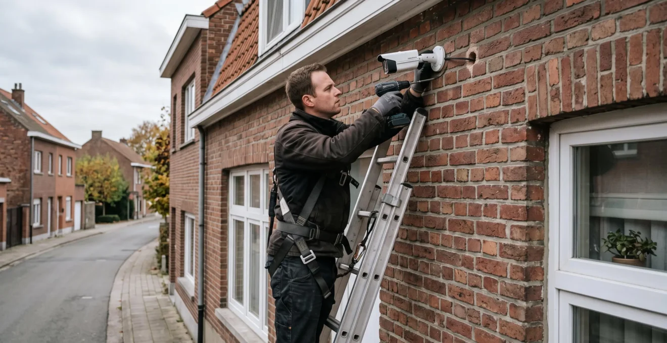 Un installateur fixe une caméra de surveillance sur la façade en briques d'une maison depuis une échelle.