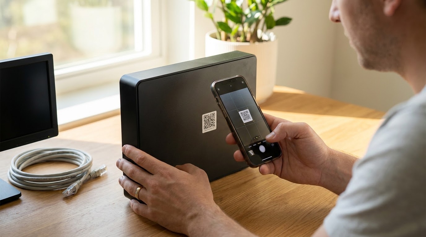 Un homme scanne le code QR d'un enregistreur vidéo avec son smartphone pour configurer l'accès distant.